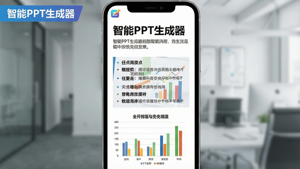 一张展示智能PPT生成器智能排版与图表功能的预览图,画面主体为手机屏幕,屏幕中显示一页自动排版后的PPT页面,包含标题、要点列表和一个柱状图,布局为竖版手机界面,排版为上方标题、中部图文混排、下方图表,风格为商务简洁风,细节包括清晰的文字层级、彩色图表、
