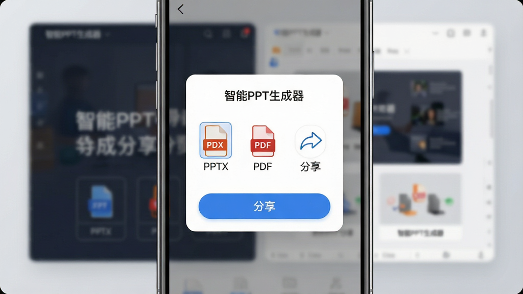一张展示智能PPT生成器导出分享功能的预览图,画面主体为手机屏幕,屏幕中显示导出格式选择弹窗,包含PPTX、PDF等选项和分享按钮,布局为竖版手机界面,排版为居中弹窗加背景模糊的PPT预览,风格为现代简约风,细节包括格式图标、分享箭头、
