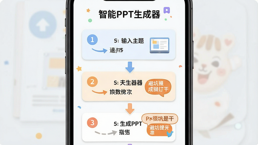 一张展示智能PPT生成器新手操作步骤的预览图,画面主体为手机屏幕,屏幕中显示从输入主题到生成PPT的流程图解,布局为竖版手机界面,排版为分步骤卡片式排列,风格为友好教学风,细节包括步骤编号、箭头引导、
