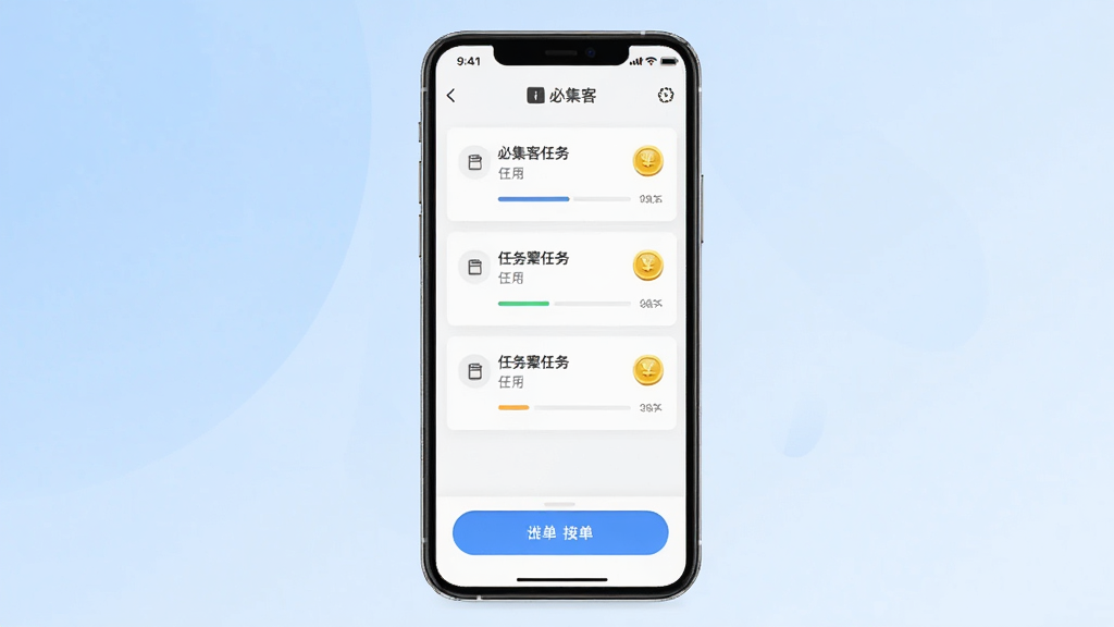 必集客手机应用界面展示,主体为一部竖屏智能手机,屏幕上显示任务列表与接单按钮,布局为居中构图,背景为浅蓝色渐变,风格简洁现代,细节包含任务卡片、金币图标与进度条,画质清晰,干净,无多余元素