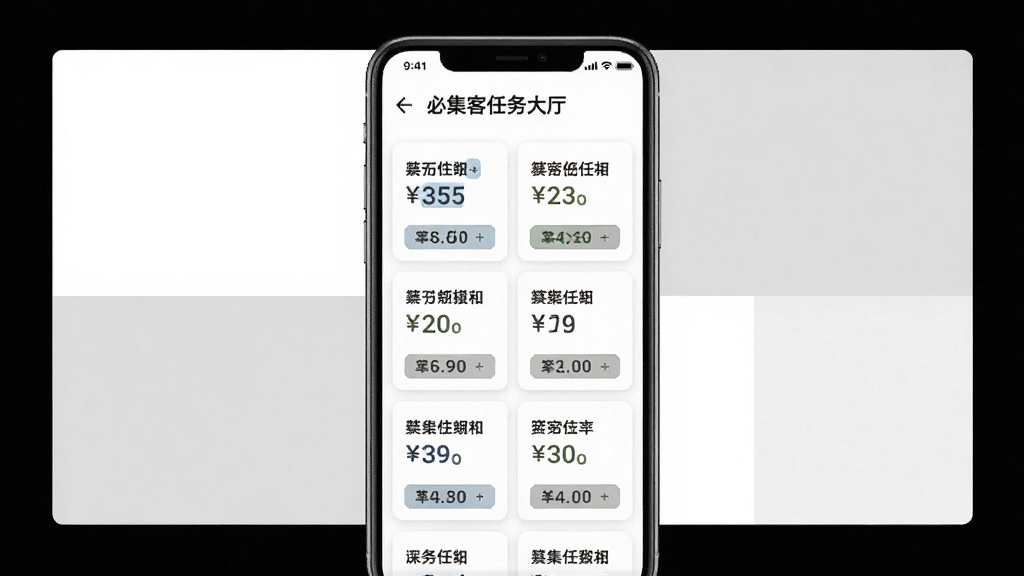 必集客任务大厅界面,画面中央为手机屏幕,屏幕内排列着多张任务卡片,每张卡片上有文字标签与金额数字,背景为白色与浅灰色块拼接,风格扁平化,细节清晰,画质干净,无多余元素
