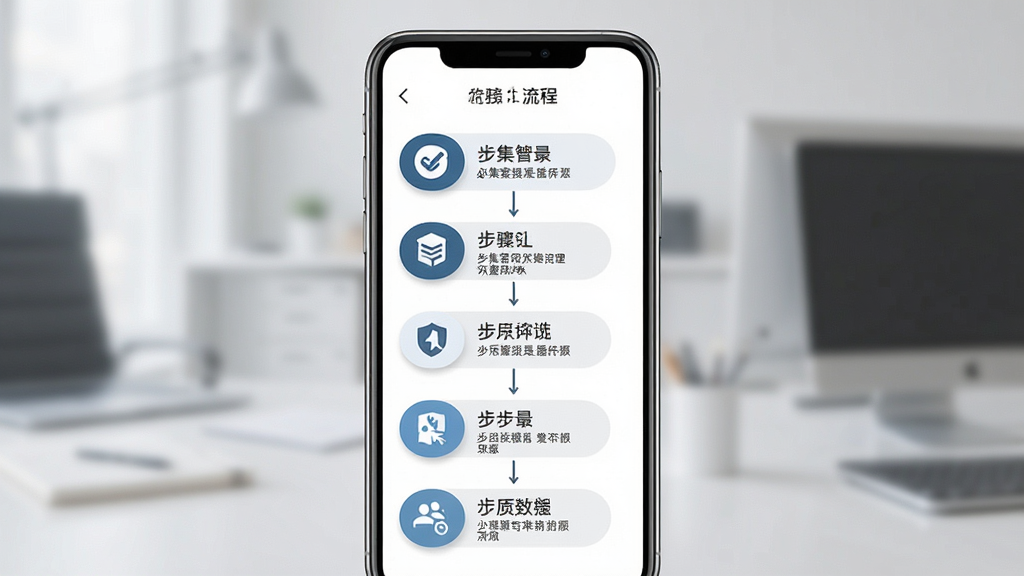 必集客接单流程示意图,主体为手机屏幕显示步骤条,布局为纵向排列,风格为简约商务,细节包含步骤序号、图标与文字说明,画质清晰,干净,无多余元素