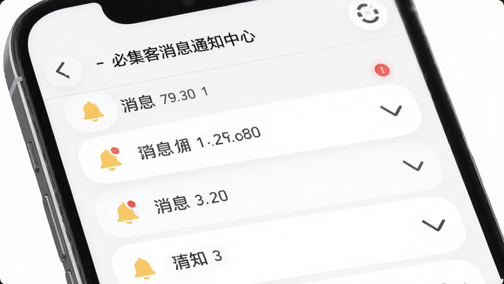 必集客消息通知中心,主体为手机屏幕显示消息列表,布局为分组排列,风格为柔和圆角,细节包含铃铛图标、未读红点与分类标签,画质清晰,干净,无多余元素