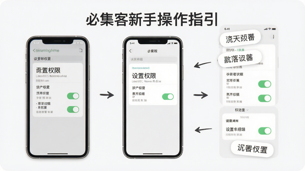 必集客新手操作指引图,主体为手机屏幕显示设置权限界面,布局为分步截图排列,风格为清爽素雅,细节包含权限开关、箭头指示与文字标注,画质清晰,干净,无多余元素