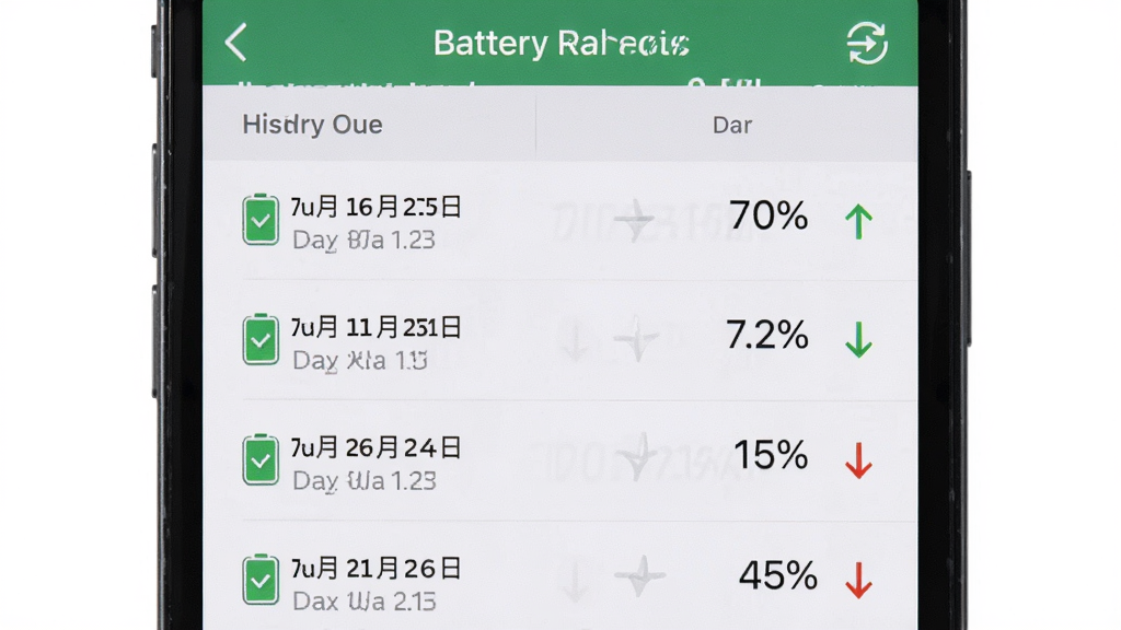 手机屏幕上电池健康度检测软件的历史记录页面,列表中显示多次检测的日期和健康度百分比,旁边有上升或下降的小箭头图标,整体布局整齐,风格简约清爽,细节精致,画质高清,干净无多余元素