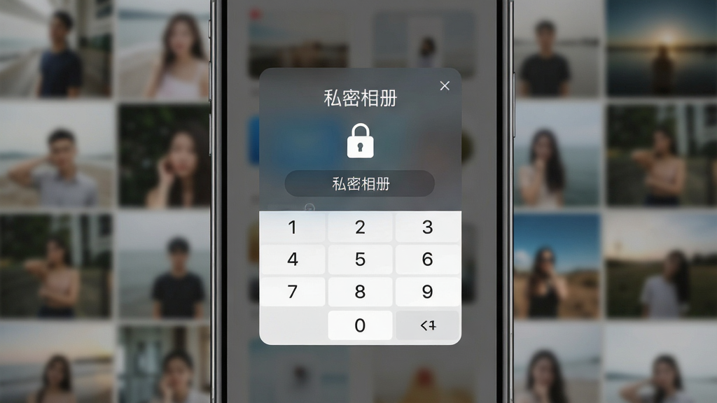 轻相册私密相册加密功能展示,主体为手机屏幕中央弹出密码输入框,背景是模糊的照片缩略图,布局采用居中弹窗形式,排版简洁,风格为安全科技感,细节包括锁形图标和数字键盘,画质清晰,画面干净,无多余元素,屏幕中显示文字“私密相册”