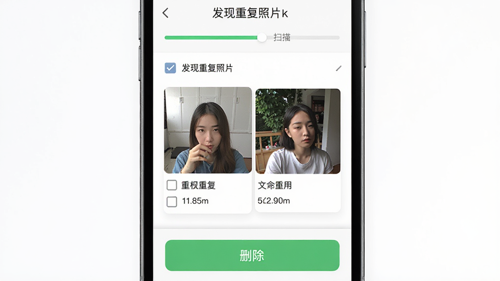 轻相册重复照片清理界面,主体为手机屏幕显示扫描结果列表,布局为上下结构,顶部有扫描进度条,中部为重复照片对比展示,底部有删除按钮,排版清晰,风格为工具类应用界面,细节包括勾选框和文件大小标注,画质高清,画面干净,无多余元素,屏幕中显示文字“发现重复照片”