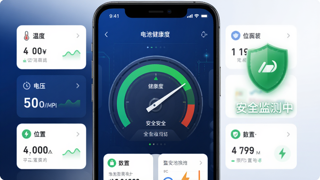 换易换全民换电APP电池安全监测界面图,主体为手机屏幕显示电池健康度仪表盘,旁边有绿色的盾牌图标和“安全监测中”字样。布局为居中仪表盘构图,四周环绕着温度、电压、位置等数据小卡片。风格为数据可视化科技风,细节上仪表盘指针指向绿色安全区域,背景为深蓝色渐变,画质高清,画面干净,无多余元素。