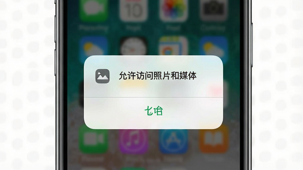 轻相册权限设置引导界面,主体为手机屏幕显示权限请求弹窗,布局为居中卡片式,排版简洁明了,风格为系统提示风格,细节包括权限图标和允许按钮,画质清晰,画面干净,无多余元素,屏幕中显示文字“允许访问照片和媒体”