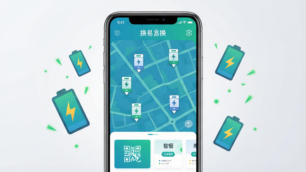 一款名为换易换全民换电的手机应用界面展示图,主体为一部竖直放置的智能手机,屏幕内显示蓝绿色调的地图导航界面,地图上标注了多个换电柜图标,底部有扫码换电按钮和套餐卡片。布局采用居中构图,手机两侧漂浮着几枚带有闪电标志的电池图标和绿色能量粒子。风格为现代科技感扁平化插画,细节上手机边框有轻微高光,背景为干净的浅灰渐变,画质高清,画面干净,无多余元素。
