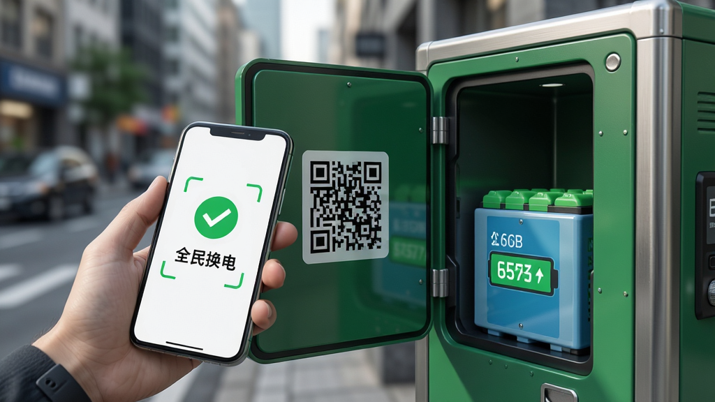 换易换全民换电APP扫码换电功能展示图,主体为一只手拿着手机正在扫描一个绿色智能换电柜上的二维码,手机屏幕显示扫描成功的绿色对勾和电池电量信息。布局为第一人称视角,换电柜占据画面右侧,柜门微微打开露出满电电池。风格为写实科技风,细节上换电柜表面有金属质感,二维码清晰可见,背景为城市街道虚化处理,画质高清,画面干净,无多余元素。