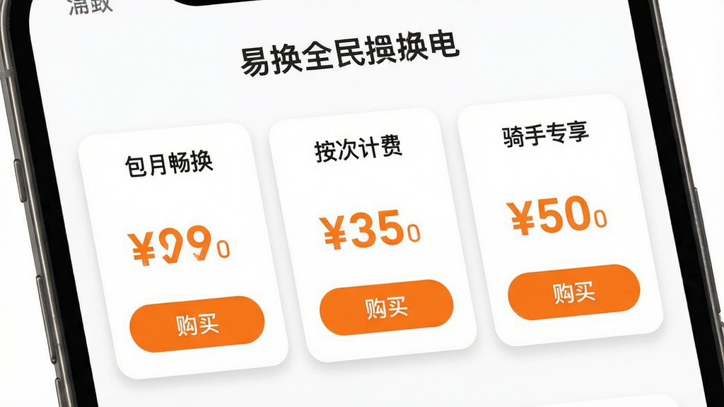 换易换全民换电APP套餐管理界面图,主体为手机屏幕特写,屏幕内展示三个不同价位的换电套餐卡片,卡片上有“包月畅换”“按次计费”“骑手专享”等文字标签,下方有购买按钮。布局为横向排列的卡片式设计,背景为干净的白色。风格为清新简约的UI设计展示,细节上卡片带有轻微阴影和圆角,价格数字用醒目的橙色标注,画质高清,画面干净,无多余元素。