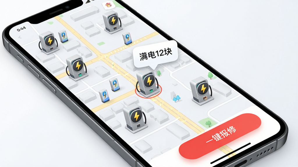 换易换全民换电APP地图导航与报修界面图,主体为手机屏幕显示城市地图,地图上分布着多个带有闪电标志的换电柜图标,其中一个图标被点击弹出气泡显示“满电12块”。布局为全屏地图模式,右下角有醒目的红色“一键报修”悬浮按钮。风格为现代导航应用风格,细节上道路清晰,图标立体,背景为浅色地图底图,画质高清,画面干净,无多余元素。