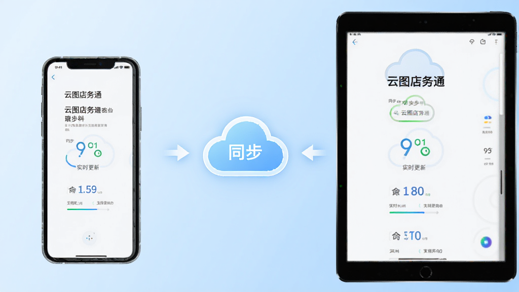 一部智能手机和一台平板电脑并排摆放,屏幕均显示“云图店务通”的数据同步界面,中间用发光的云朵图标连接,背景为浅蓝色渐变,布局左右对称,风格为简约科技风,细节包含同步箭头和实时更新的数字,画质清晰,干净,无多余元素