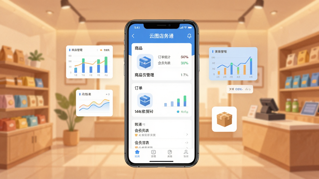画面中央展示一部智能手机,屏幕上显示“云图店务通”应用主界面,界面包含商品管理、订单统计、会员列表等模块,背景为简洁的现代店铺内景,暖色调灯光,布局采用居中构图,风格为扁平化科技插画,细节包括悬浮的数据图表和库存图标,画质清晰,干净,无多余元素