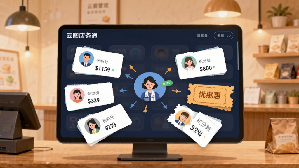 画面展示“云图店务通”会员管理界面,屏幕上浮现多个会员头像卡片、积分数字和优惠券图标,背景为温馨的店铺柜台场景,布局采用中心放射状排列,风格为现代扁平插画,细节包含数据标签和互动箭头,画质清晰,干净,无多余元素