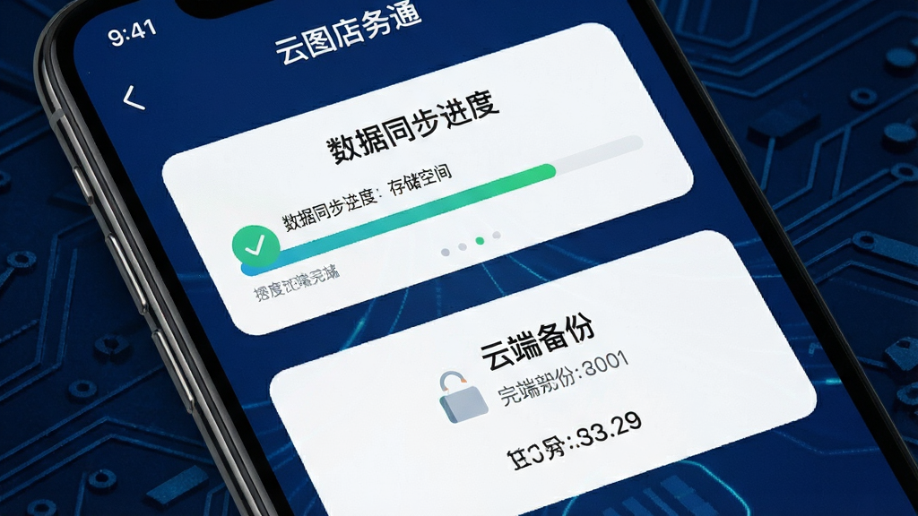 一张手机屏幕截图风格画面,展示“云图店务通”的数据同步进度条和云端备份完成提示,背景为深蓝色科技纹理,布局居中,风格为现代UI设计,细节包含对勾图标和存储空间数字,画质清晰,干净,无多余元素