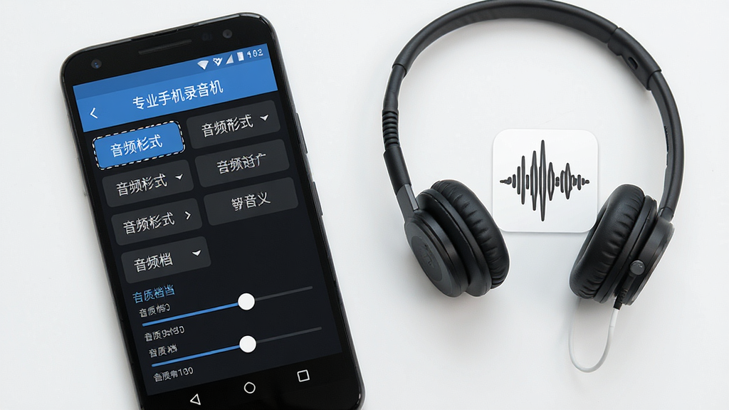 一部安卓手机屏幕显示“专业手机录音机”的格式选择界面,画面中列出多种音频格式选项与音质档位滑块,手机旁边摆放着耳机与音频波形图标,整体采用浅色简洁风格,布局清晰,排版整齐,细节丰富,画质高清,画面干净,无多余元素
