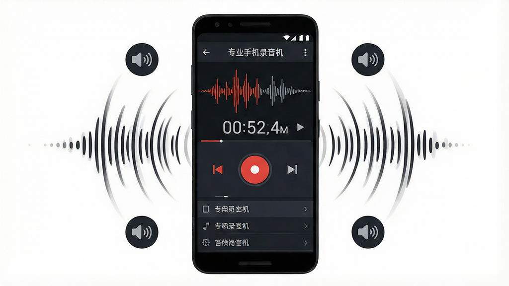 一张展示安卓手机录音界面的产品示意图,画面中央是一部竖屏智能手机,屏幕显示“专业手机录音机”的录音主界面,包含红色录音按钮、波形跳动动画、录音时长数字与文件列表,手机周围环绕声波纹理与音频图标元素,整体采用深色科技风格,布局居中对称,排版干净利落,细节清晰,画质高清,画面干净,无多余元素