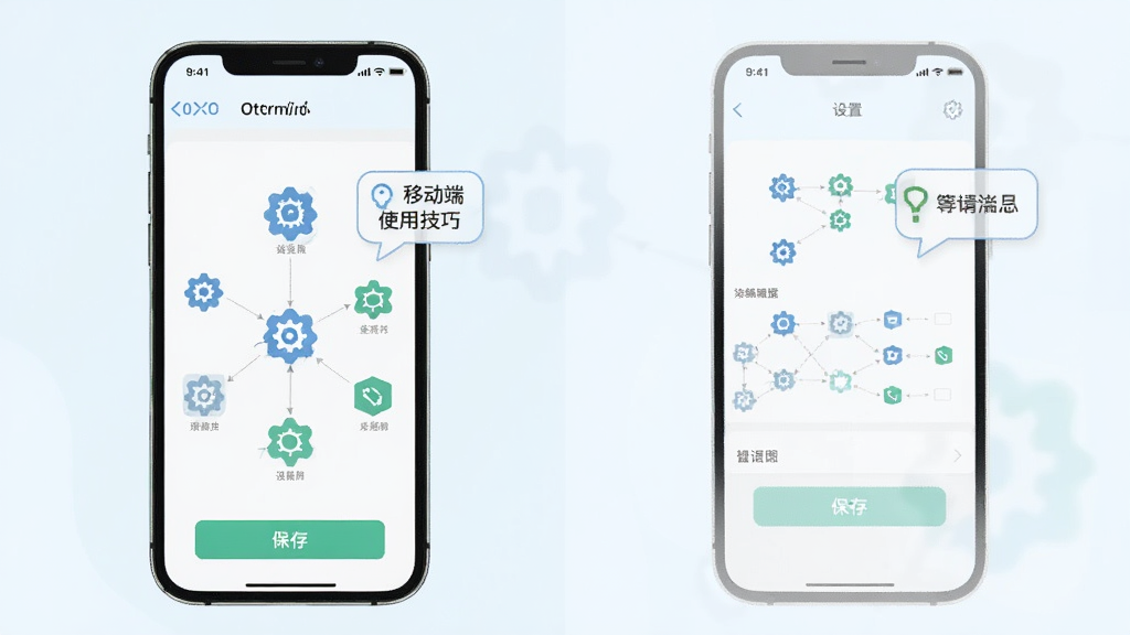Ottermind 移动端使用技巧示意图,主体为手机屏幕展示导图编辑与设置界面,布局分左右两栏,排版清晰,风格为清爽浅色系,细节包含齿轮图标、保存按钮与提示气泡,画质干净无多余元素