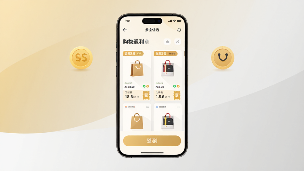 多金优选应用主界面展示,画面中央放置一部智能手机,屏幕显示购物返利商城首页,包含商品卡片、优惠券标签与签到按钮,背景为淡金色与浅灰色渐变,布局简洁对称,风格现代扁平化,细节上突出金币与购物袋图标,画质清晰干净,无多余元素