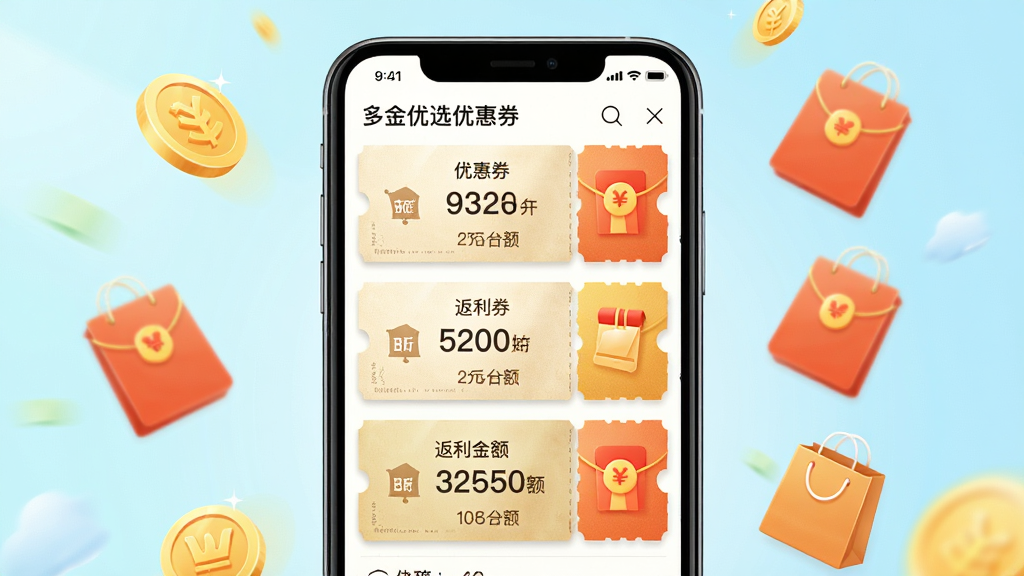 多金优选优惠券与返利功能展示,画面中央为手机屏幕特写,显示优惠券列表与返利金额数字,周围环绕金币、红包与购物袋图标,布局中心对称,风格清新明快,细节上突出数字与券面质感,画质细腻干净,无多余元素