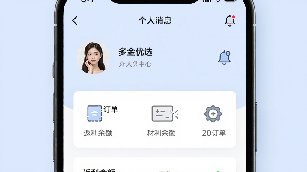 多金优选个人中心与消息通知界面,画面展示手机屏幕中的个人中心页面,包含头像、返利余额、订单图标与消息铃铛,背景为柔和浅蓝色,布局上下分层清晰,风格简约商务,细节上突出数据卡片与图标线条,画质高清干净,无多余元素