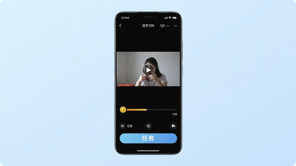 一张展示信宇398手机应用主界面的预览图,画面中央放置一部竖屏智能手机,手机屏幕上显示信宇398的短视频播放界面,界面包含视频画面、金币进度条和任务按钮,背景为淡蓝色渐变,整体风格干净简洁,画质清晰,无多余元素