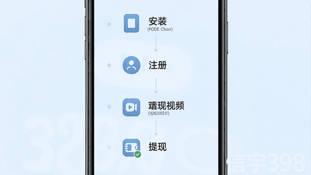 一张信宇398移动端操作流程示意图,画面展示手机屏幕从上到下依次排列安装、注册、观看视频、提现四个步骤的图标和文字说明,背景为浅蓝色,风格清爽素雅,画质清晰,排版整齐,无多余元素