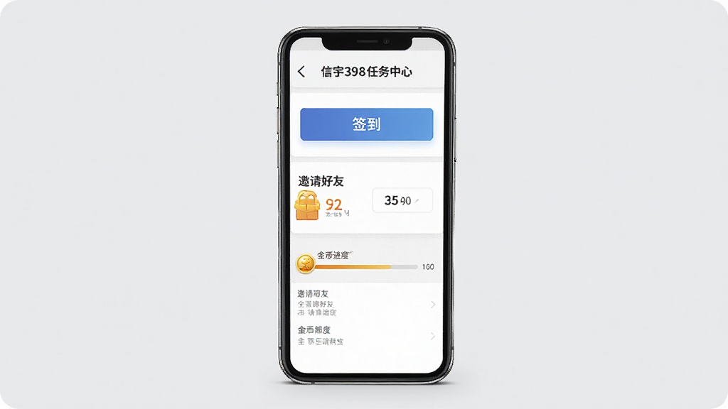 一张信宇398任务中心页面的预览图,画面展示手机屏幕上的任务列表界面,包含签到按钮、邀请好友入口和金币进度条,背景为浅灰色,风格简约商务,画质清晰,干净整洁