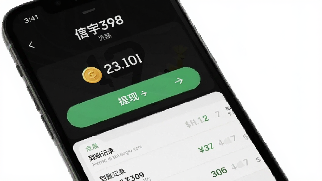 一张信宇398收益提现页面的预览图,画面展示手机屏幕上的提现界面,包含金币余额、提现按钮和到账记录列表,背景为白色,风格清新浅色,画质清晰,无多余元素