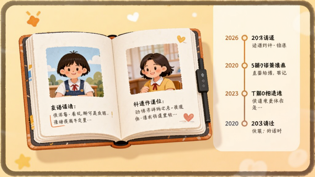 主体为一本翻开的电子相册悬浮在屏幕中央,布局为相册居左、时间轴居右,排版采用左右分栏式,风格为温馨教育插画风,细节包括相册内页显示学生照片和文字记录、时间轴标注日期和事件、背景为浅黄色渐变,画质为高清2K,画面干净无多余元素