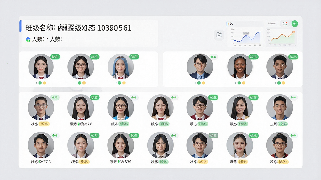 主体为一块虚拟班级管理看板,布局为看板居上、学生头像网格居下,排版采用上下结构,风格为现代简约商务风,细节包括看板显示班级名称和人数、头像网格中每个学生配有状态标签、背景为浅灰色,画质为高清2K,画面干净无多余元素