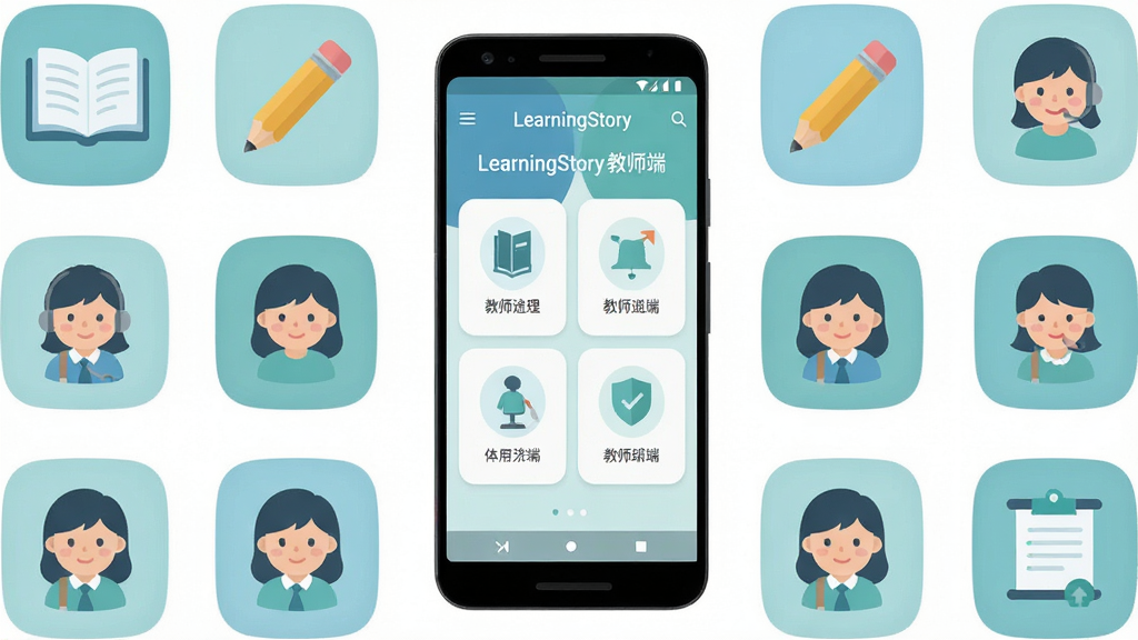 主体为一部安卓手机屏幕展示LearningStory 教师端应用主界面,布局为手机居中放置,周围环绕教学图标如书本、铅笔、学生头像等元素,排版采用对称式构图,风格为扁平化教育科技风,细节包括柔和的蓝绿色调、圆角卡片式界面、清晰的文字标签“LearningStory 教师端”,画质为高清2K,画面干净无多余元素
