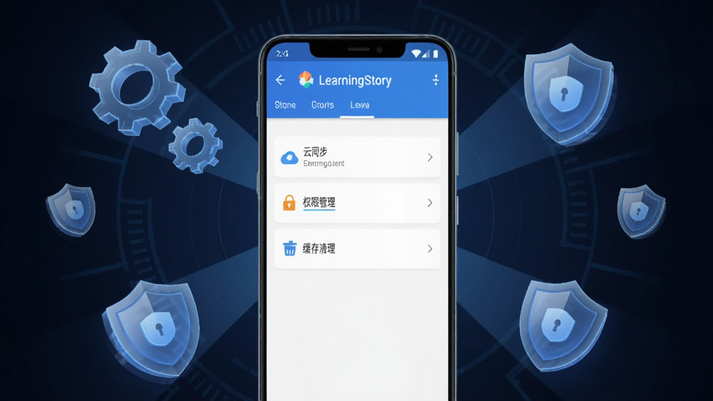 主体为一部安卓手机展示LearningStory 教师端设置界面,布局为手机居中、周围漂浮齿轮和盾牌图标,排版采用中心放射式,风格为科技安全风,细节包括界面显示“云同步”“权限管理”“缓存清理”等选项、齿轮和盾牌为半透明蓝色、背景为深色渐变,画质为高清2K,画面干净无多余元素