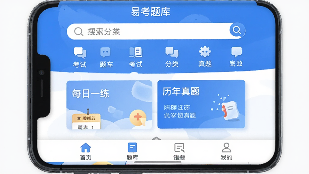 手机屏幕中展示“易考题库”APP首页界面,顶部有搜索框与考试分类图标,中间是每日一练卡片和历年真题入口,底部导航栏为首页、题库、错题、我的,整体布局清晰,风格简洁明亮,蓝色主色调,画质清晰,干净无多余元素