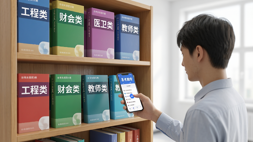 一个虚拟书架场景,书架上排列着“工程类”“财会类”“医卫类”“教师类”等不同颜色的题库书籍,一名考生站在书架前用手机扫描书籍封面,手机屏幕显示“易考题库”APP正在加载对应科目题目,背景明亮,风格写实,画质细腻,干净无多余元素