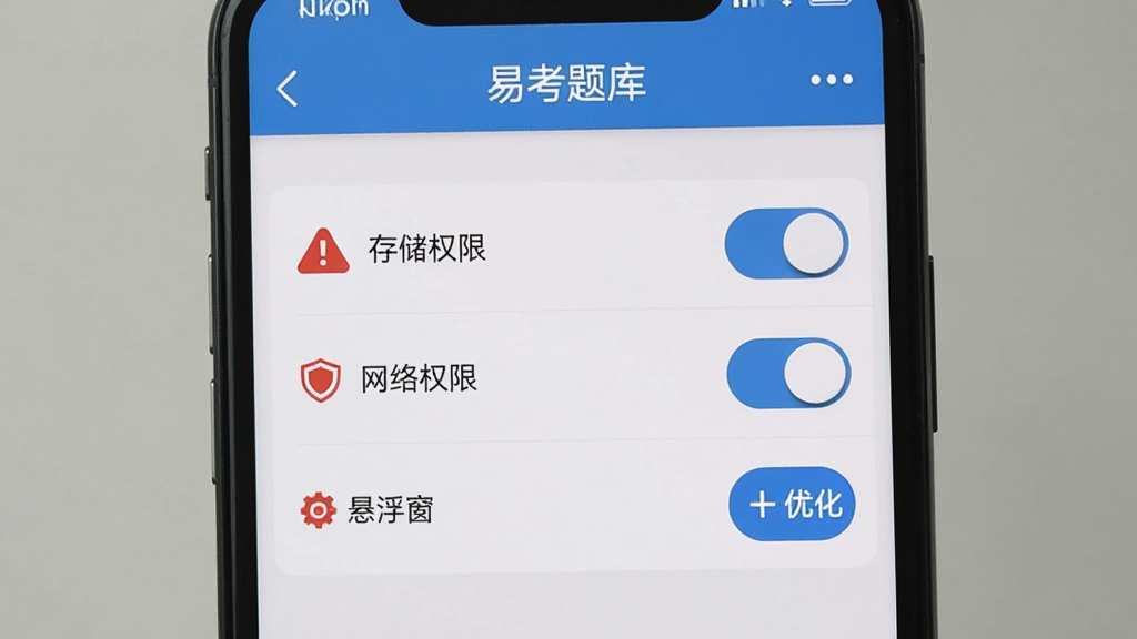 手机屏幕显示“易考题库”APP的设置界面,上面有存储权限、网络权限、悬浮窗权限的开关按钮,旁边有红色警示图标和蓝色优化图标,界面风格扁平化,画质清晰,干净无多余元素