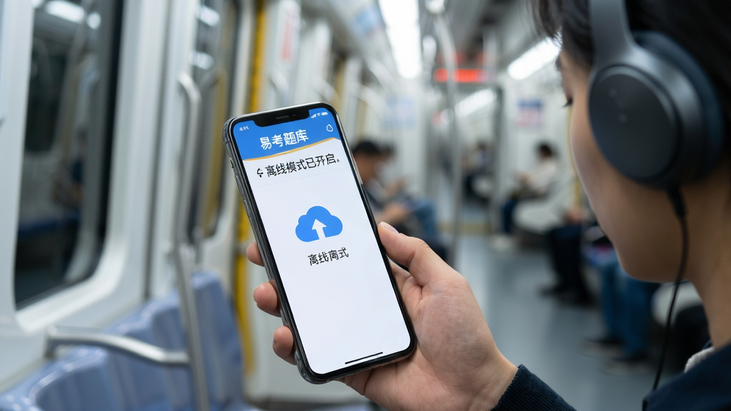 地铁车厢内,一名乘客戴着耳机用手机打开“易考题库”APP做题,手机屏幕显示离线模式已开启,旁边有云朵同步图标,车厢背景虚化,主体突出,风格现代,画质清晰,干净无多余元素