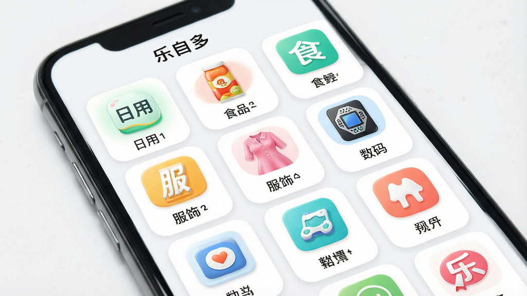 一张展示电商应用商品分类页面的场景图,画面中央是手机屏幕,屏幕内整齐排列“乐自多”的商品分类图标,包括日用、食品、服饰、数码等标签,图标采用圆角卡片布局,风格清新明亮,细节精致,画质高清,背景干净,无多余元素,画面中文字为“乐自多”