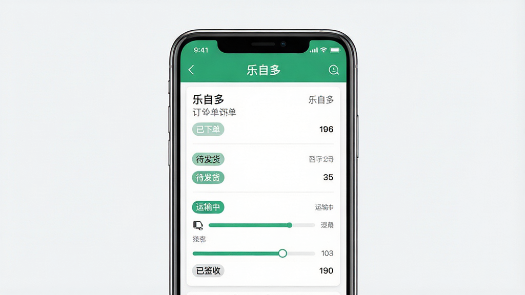 一张展示手机端订单跟踪界面的图片,画面中央是手机屏幕,屏幕内显示“乐自多”订单列表和物流进度条,包含已下单、待发货、运输中、已签收等状态标签,布局清晰,风格简洁商务,细节干净,画质高清,背景无杂乱元素,画面中文字为“乐自多”
