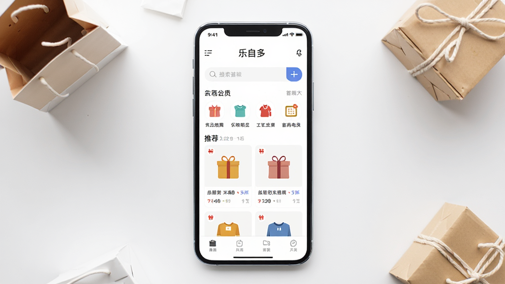 一张干净整洁的智能手机界面展示图,画面中央是一部竖屏手机,手机屏幕上显示“乐自多”电商应用首页,包含搜索框、商品分类图标和推荐商品卡片,手机周围有少量购物袋和包裹元素点缀,整体布局居中对称,风格简约现代,细节清晰,画质高清,背景干净无多余元素,画面中文字为“乐自多”
