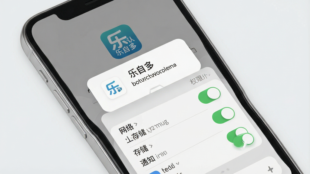 一张手机应用安装与权限设置界面的示意图,画面中央为手机屏幕,屏幕内显示“乐自多”安装确认弹窗和权限开关列表,包含网络、存储、通知等选项,布局清晰,风格浅灰质感,细节干净,画质高清,背景无多余元素,画面中文字为“乐自多”