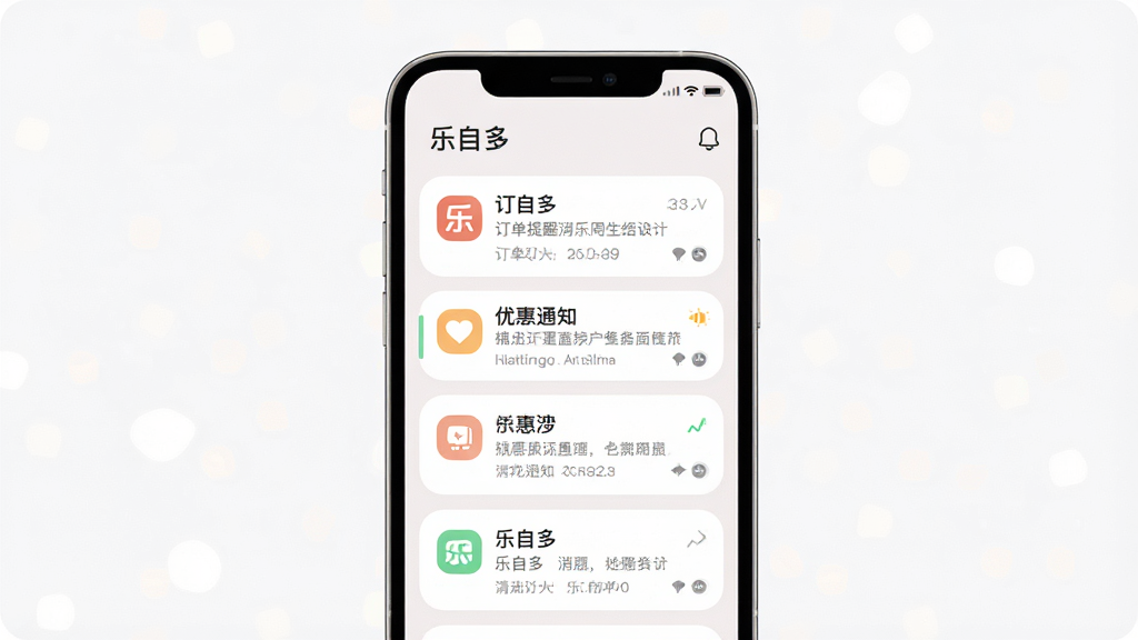 一张手机消息通知中心界面的展示图,画面中央为手机屏幕,屏幕内显示“乐自多”的消息列表,包含订单提醒、优惠通知等条目,每条消息带有小图标,排版整齐,风格柔和圆角,细节清晰,画质高清,背景干净无多余元素,画面中文字为“乐自多”