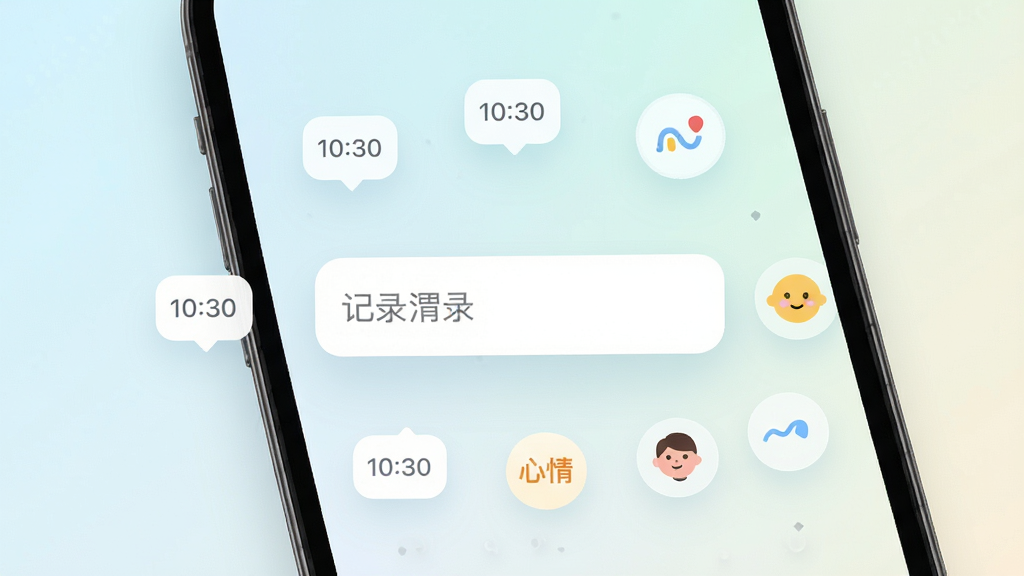 不止于此 软件界面展示,手机屏幕中央显示简洁记录输入框,周围环绕时间标签与心情图标,背景为浅色渐变,风格清新现代,高清画质,干净无多余元素