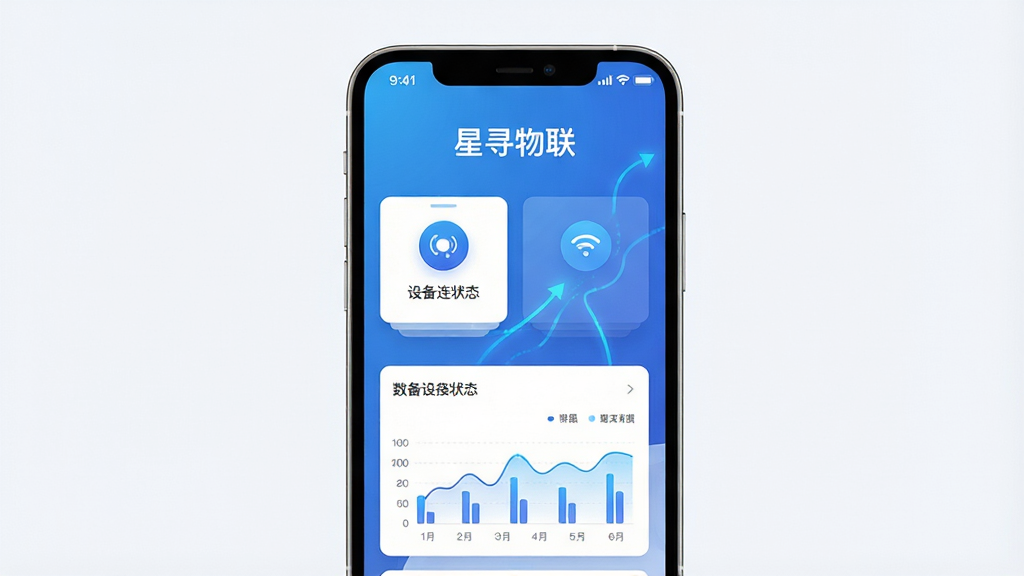 主体为一部智能手机屏幕中显示星寻物联APP的智能设备管理界面,布局采用居中构图,上方为软件名称“星寻物联”字样,中部展示设备连接状态卡片与数据图表,排版清晰有序,风格为现代科技感扁平化设计,细节包含蓝色渐变背景、圆形图标、动态连接线条,画质高清,画面干净,无多余元素