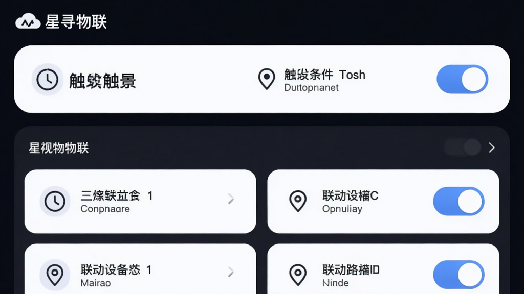 主体为星寻物联APP的场景联动设置界面,布局为上下结构,上方显示场景名称与触发条件,下方展示联动设备列表,排版层次分明,风格为柔和圆角卡片设计,细节包含“星寻物联”文字标识、时间图标、位置图标、开关按钮,画质高清,画面干净,无多余元素