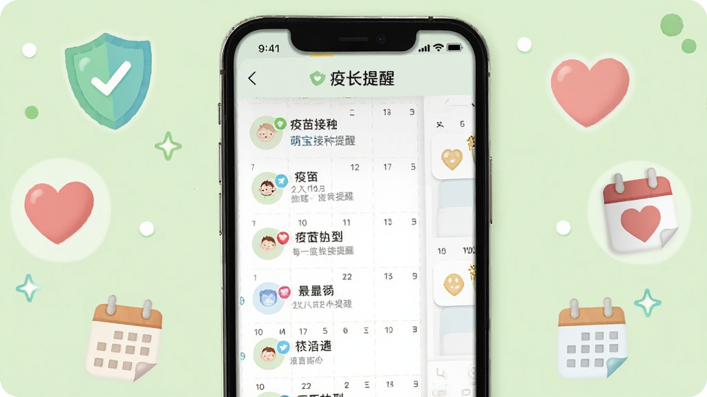 一张展示萌宝成长助手提醒功能的界面图,画面中手机屏幕显示疫苗接种提醒列表和日历标记,周围有盾牌、爱心、日历图标等元素,背景为浅绿色,风格简洁明快,排版整齐,画质清晰,无多余装饰