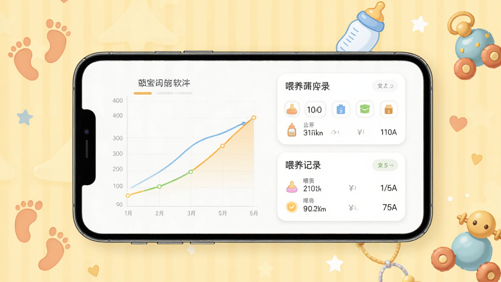 一张展示萌宝成长助手软件界面的手机预览图,画面中央是一部智能手机,屏幕上显示婴儿成长曲线图表和喂养记录卡片,背景是温馨的淡黄色调,周围点缀着小脚印、奶瓶、玩具等可爱元素,整体风格清新柔和,排版简洁明了,画质高清干净,无多余杂乱元素