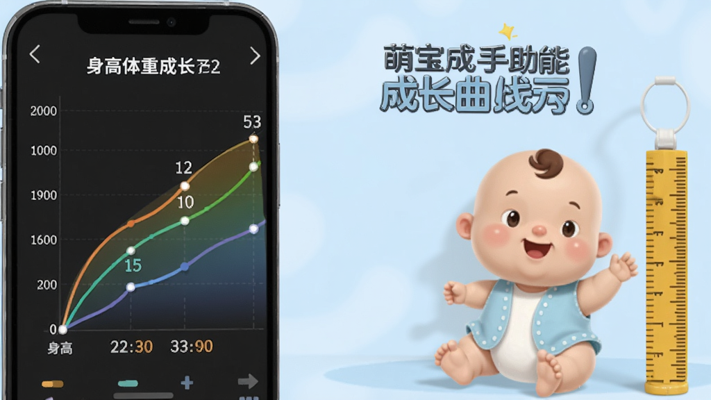 一张展示萌宝成长助手成长曲线功能的示意图,画面主体是手机屏幕上的彩色成长曲线图,标注有身高体重数据点,背景为柔和的浅蓝色,旁边有卡通风格的婴儿形象和测量尺元素,整体风格温馨专业,排版清晰,画质高清,无多余元素